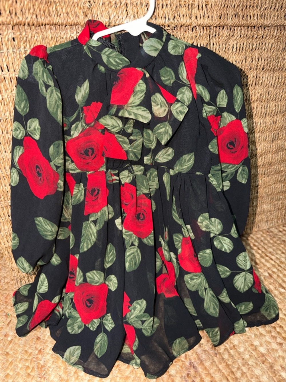 wonder nation Black Floral Dress with Red Roses and Green Leaves